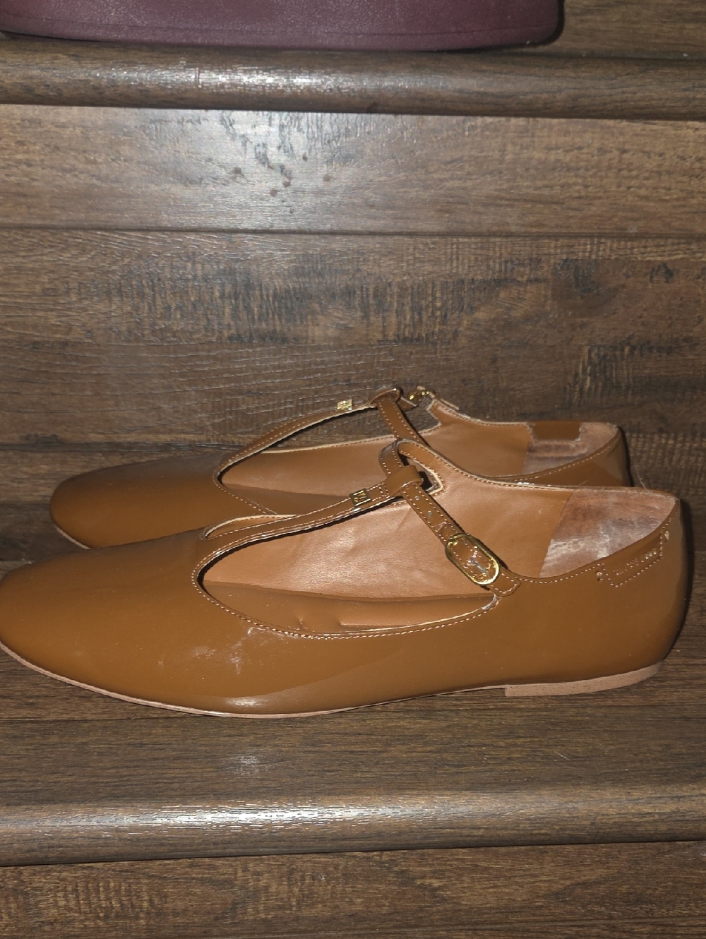 Franco Sarto brown patent T-strap flat